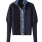 Navy Ribbed Knit Cardigan with Denim Trim Detail