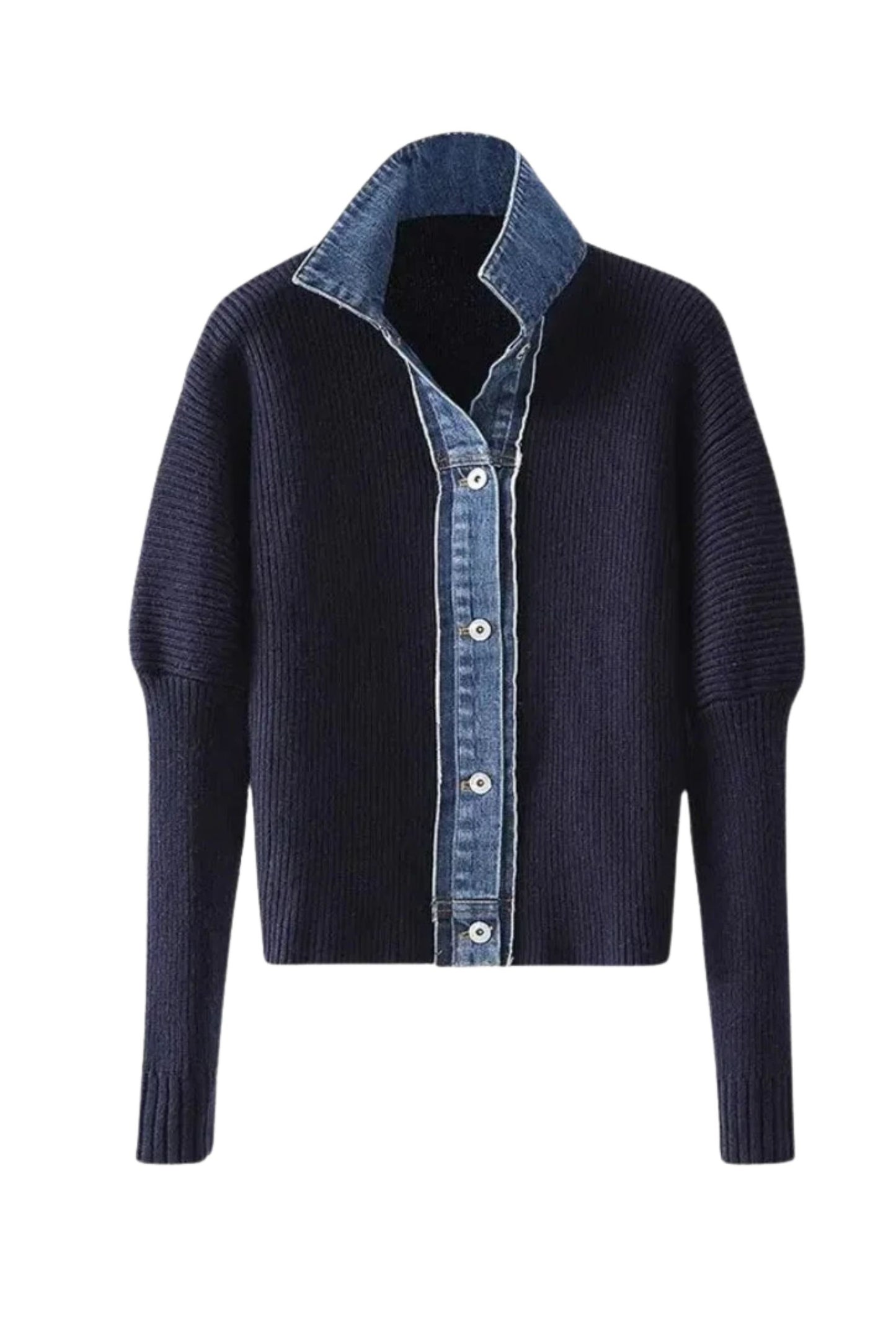 Navy Ribbed Knit Cardigan with Denim Trim Detail