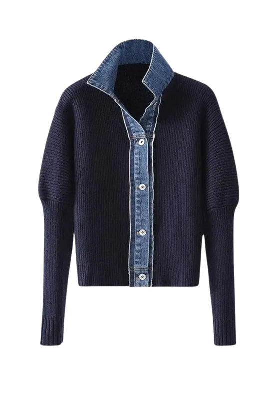 Navy Ribbed Knit Cardigan with Denim Trim Detail