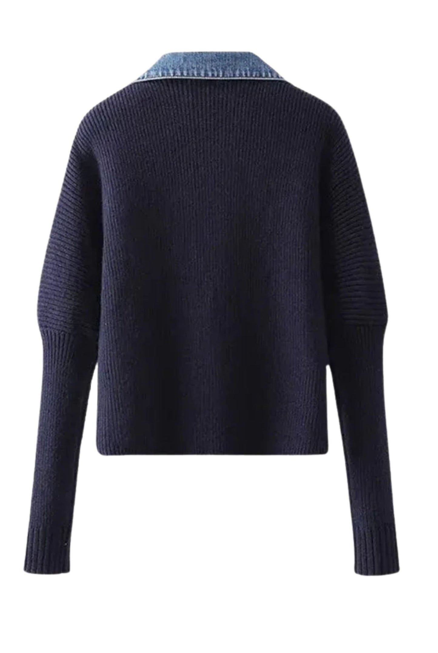 Navy Ribbed Knit Cardigan with Denim Trim Detail