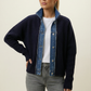 Navy Ribbed Knit Cardigan with Denim Trim Detail