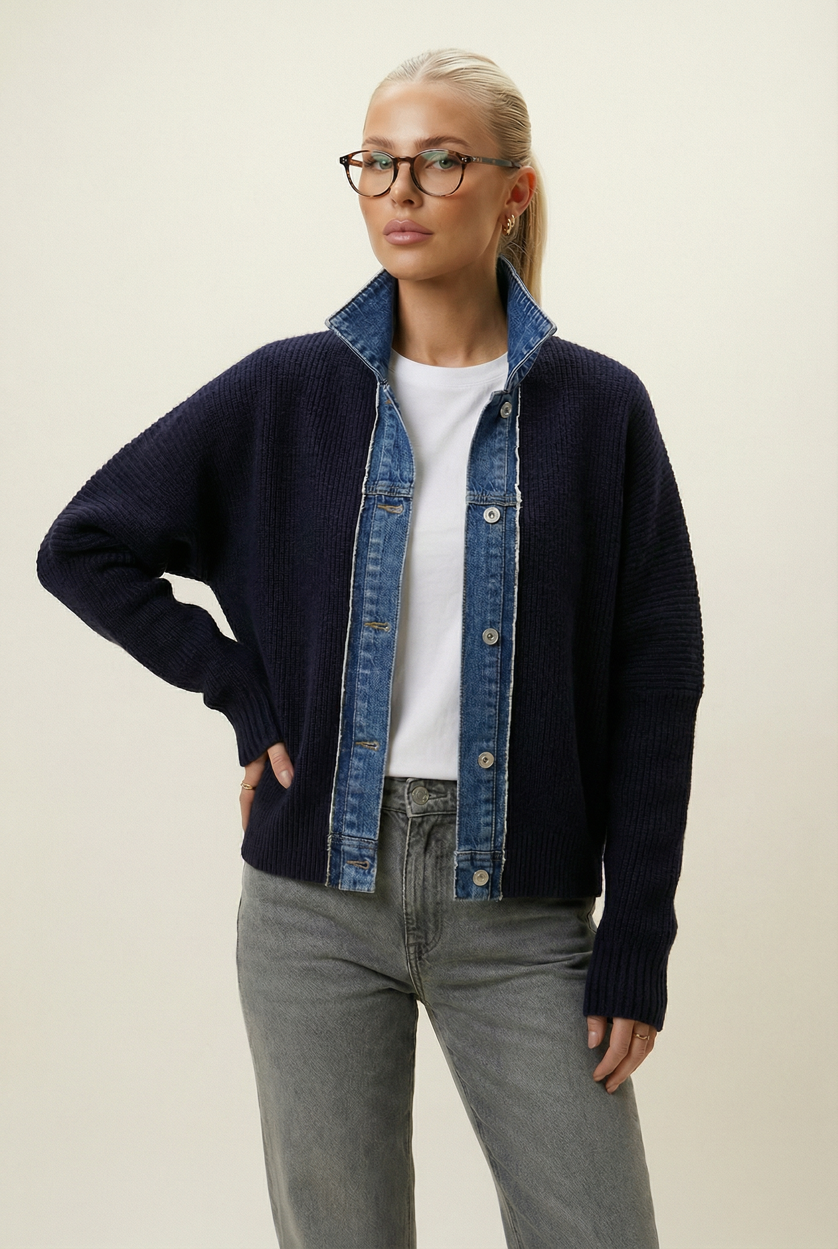 Navy Ribbed Knit Cardigan with Denim Trim Detail